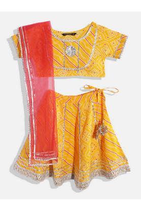 embellished cotton round neck girls lehenga choli set - yellow