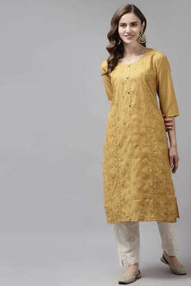 embellished cotton round neck women's casual wear kurti - yellow