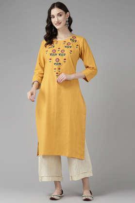 embellished cotton round neck women's party wear kurti - yellow