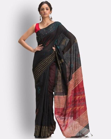 embellished cotton saree with tassels
