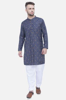 embellished cotton tapered fit men's casual kurta - charcoal