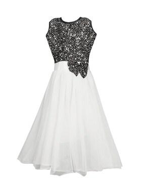 embellished fit & flare dress with bow
