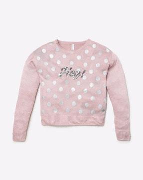embellished flat knit round-neck sweater