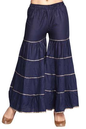 embellished full length cotton women's shararas - navy