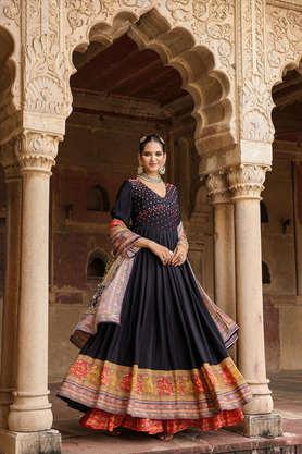embellished full length crepe woven women's gathered gown with dupatta - black