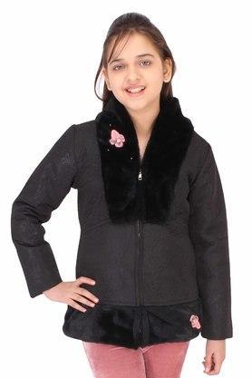 embellished fur and polyester collar neck girls jacket - black