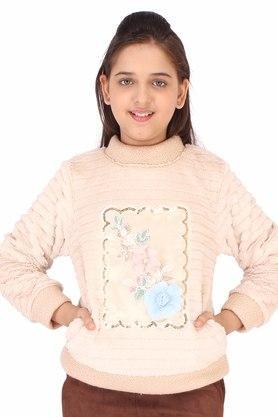 embellished fur and sweater knit round neck girls sweatshirt - natural