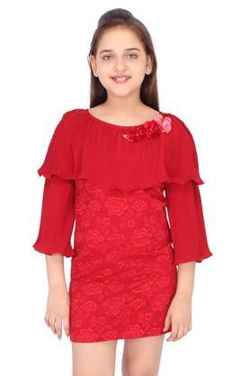 embellished georgette & lace fabric round neck girls casual wear dress - red
