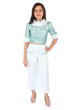 embellished georgette round neck giri's casual wear clothing set - green