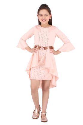 embellished georgette round neck girls casual dress - peach