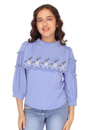 embellished georgette round neck girls sweatshirt - blue