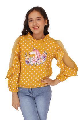 embellished georgette round neck girls top - yellow