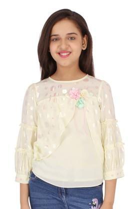 embellished georgette round neck girls top - yellow