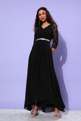 embellished georgette v neck women's maxi dress - black