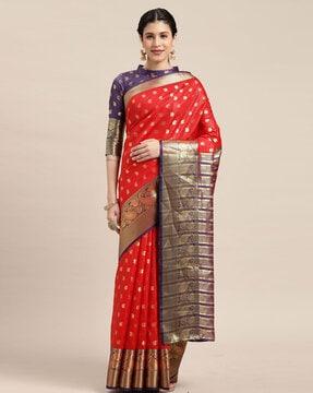 embellished jacquard silk zari border saree with un-stitched blouse piece