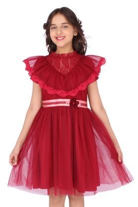 embellished lace round neck girls party wear dress - maroon