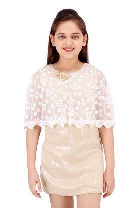 embellished net & satin round neck girls party dress - natural