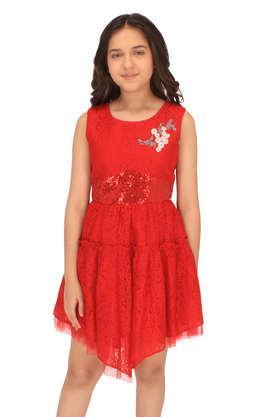 embellished net round neck girl's casual wear dress - red