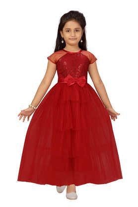 embellished nylon round neck girls party wear gown - maroon