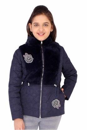 embellished polyester and fur mock neck girls jacket - navy