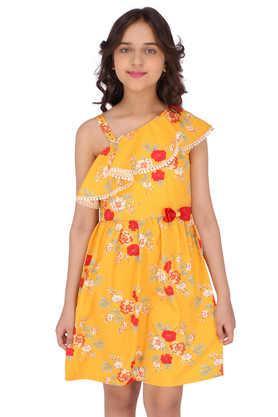 embellished polyester asymmetric girls casual wear dress - mustard