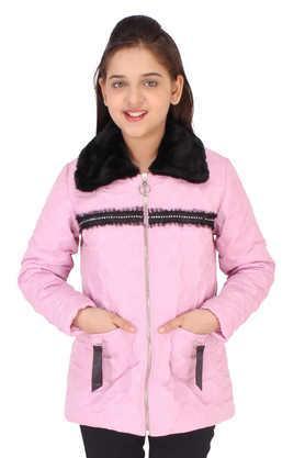 embellished polyester collar neck girls jackets - pink