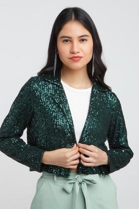 embellished polyester collar neck women's blazer - green
