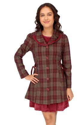 embellished polyester collared girls party wear shift dress with full sleeves checkered long coat - rust