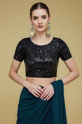 embellished polyester party wear women's blouse - black