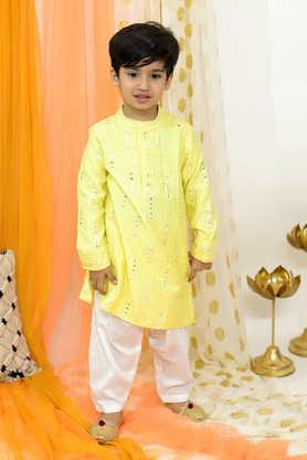 embellished polyester regular fit boys kurta pyjama set - yellow