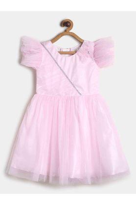 embellished polyester round neck girls casual dress - pink