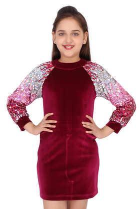 embellished polyester round neck girls casual wear dress - plum