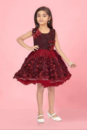 embellished polyester round neck girls party wear dress - maroon