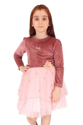 embellished polyester round neck girls party wear dress - peach