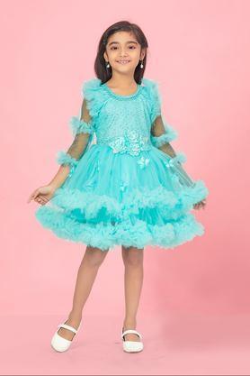 embellished polyester round neck girls party wear dress - sea green