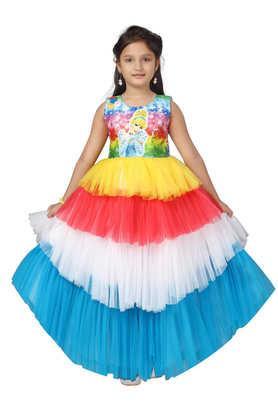 embellished polyester round neck girls party wear gown - multi