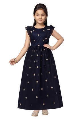 embellished polyester round neck girls party wear gown - navy