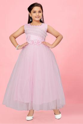 embellished polyester round neck girls party wear gown - pink