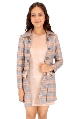 embellished polyester round neck girls party wear shift dress with full sleeves checkered long coat - natural