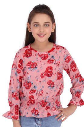 embellished polyester round neck girls top - red