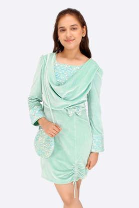 embellished polyester square neck girls party wear dress - green