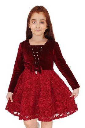 embellished polyester square neck girls party wear dress - maroon