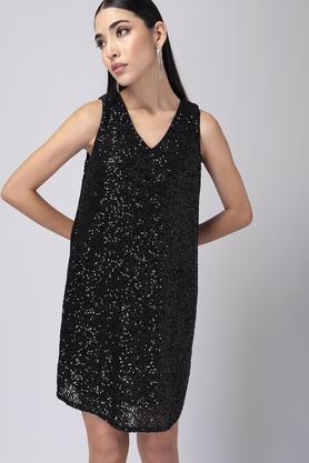embellished polyester v neck women's mini dress - black