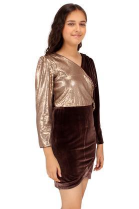 embellished polyester v-neck girls party wear wrap style shift dress - brown
