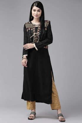 embellished rayon round neck women's party wear kurti - black