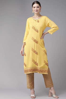 embellished rayon round neck women's party wear kurti - yellow