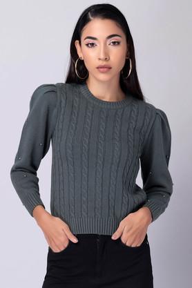 embellished round neck acrylic women's casual wear sweater - grey