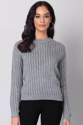 embellished round neck acrylic women's casual wear sweater - grey