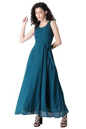embellished round neck georgette women's longline dress - blue