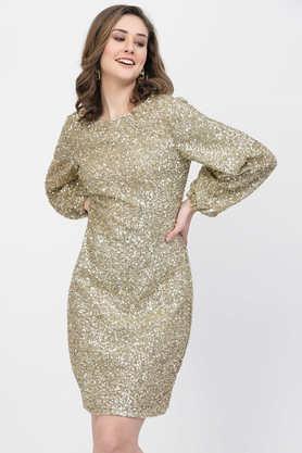 embellished round neck mesh women's dress - gold